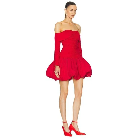 AKNVAS for FWRD Greta Stretch Puff Jersey Dress in Red 4 New Womens Mini